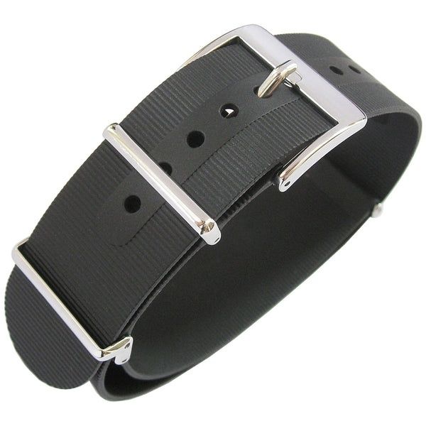 Svart textil- eller gummiklockarmband med silverfärgat spänne