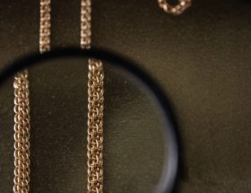 Närbild på ett bismarckarmband sett genom ett förstoringsglas mot en mörk bakgrund.